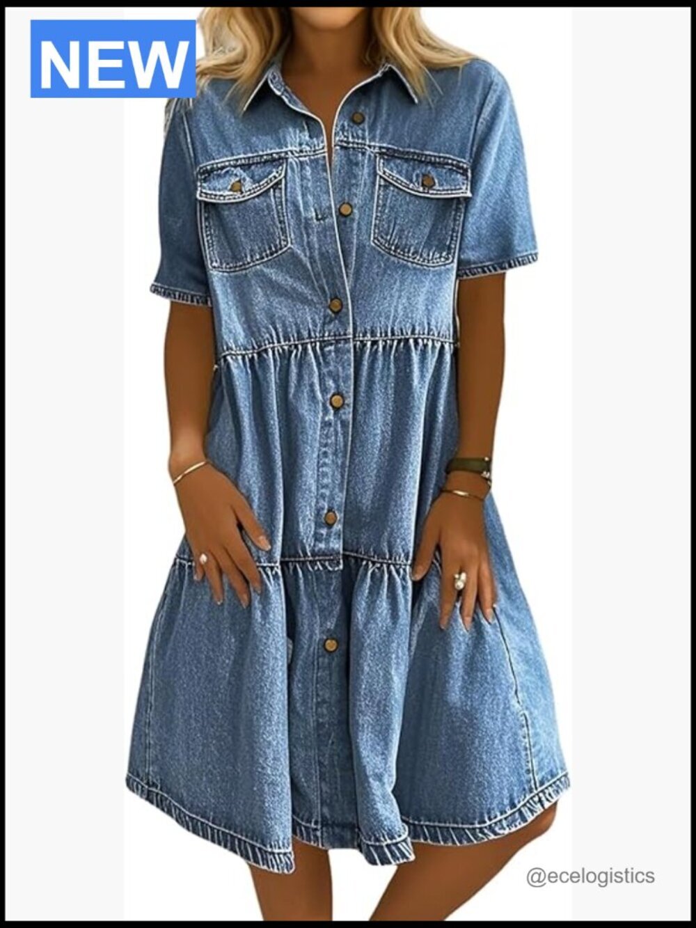 Women's Button Down Midi Denim Shirt Dress Distressed Tiered Ruffle